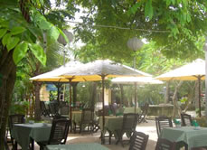 Under shade in the cool outdoor dining garden